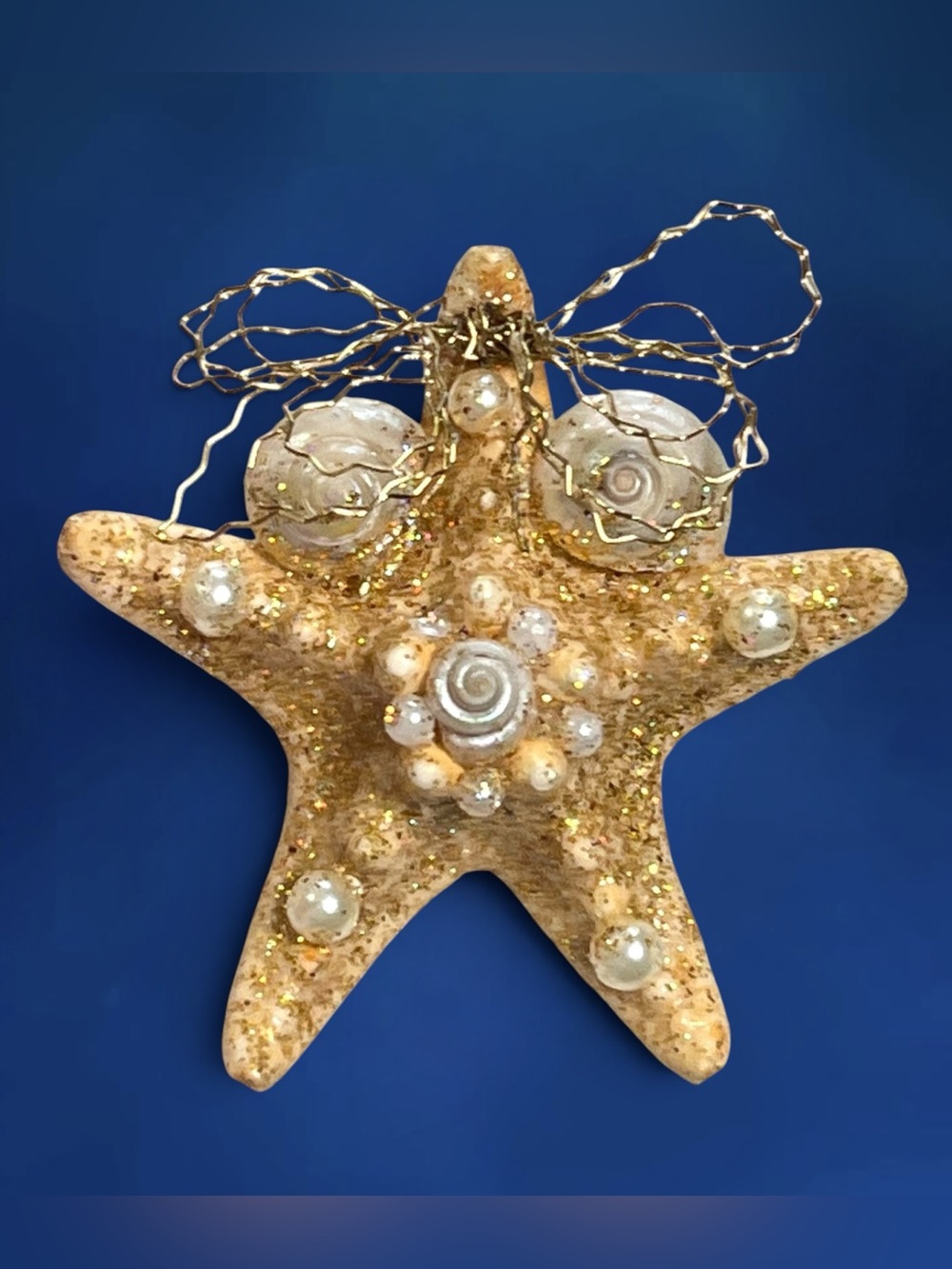 Sparkling Resin Starfish Pin Brooch Gold Tone Bow Sparkle Sea Shell Handmade 2"